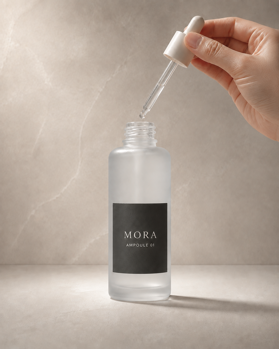 MORA 앰플 병 위로 스포이드 한 방울이 떨어지는 제품 비주얼